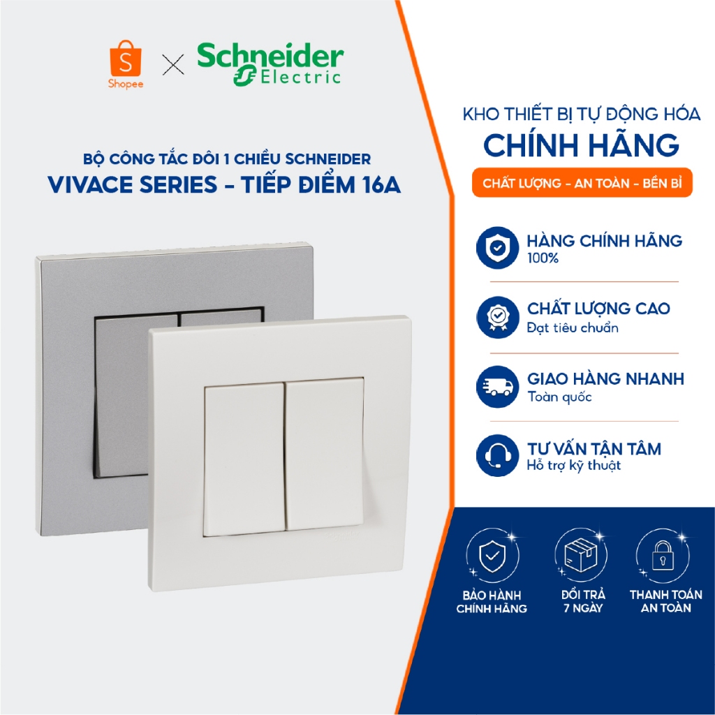 Bộ công tắc đôi 1 chiều Schneider - Vivace Series - Tiếp điểm 16A - Đế vuông - KB32_1_AS_G19 KB32_1_