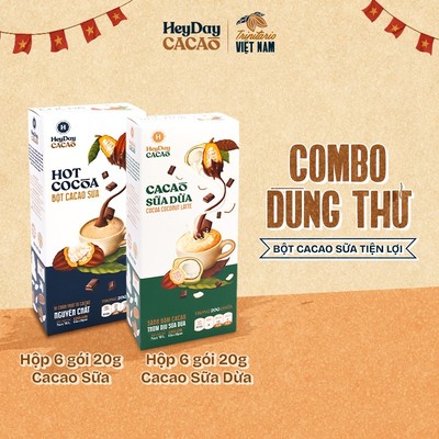 Combo 2 Bột Cacao Sữa và Bột Cacao Sữa Dừa Heyday - Hộp 6 Gói tiện lợi 20g - Đậm vị chân thật từ cacao nguyên chất