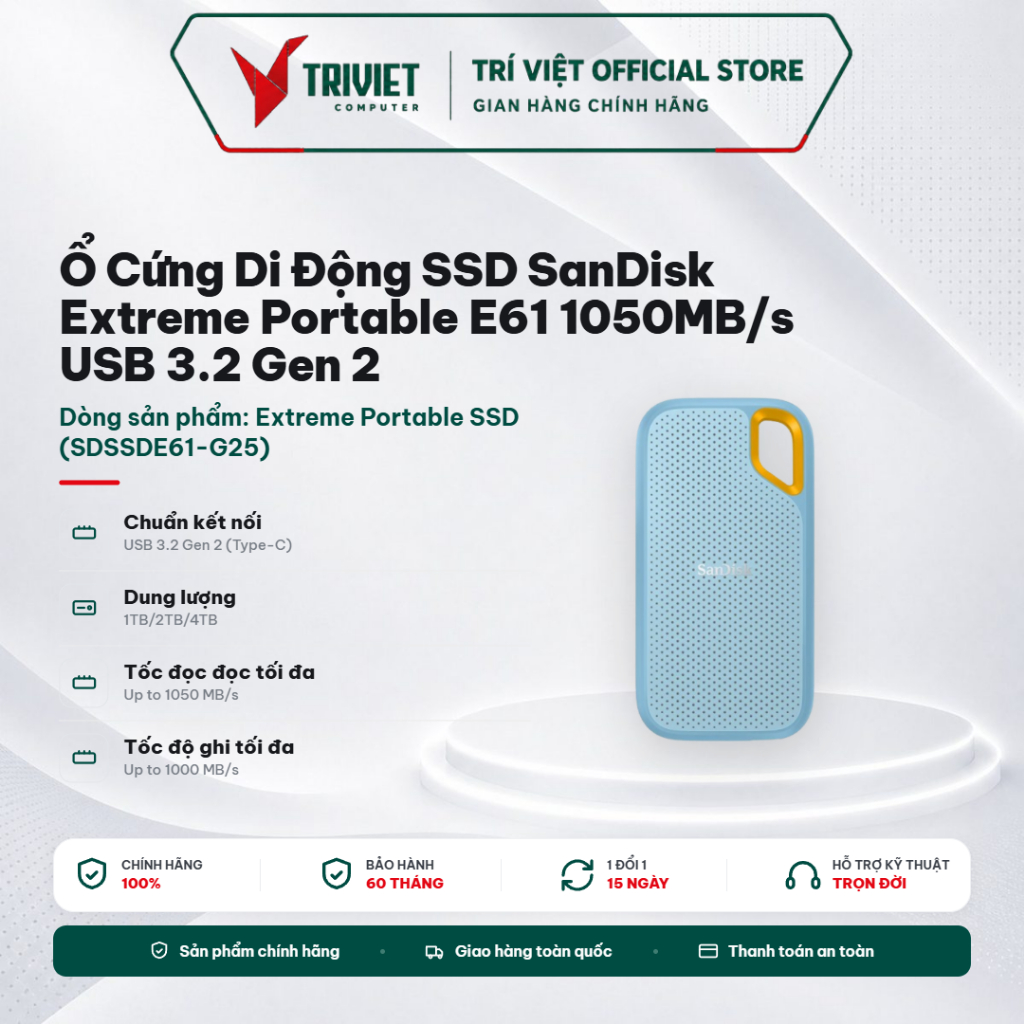 Ổ Cứng Di Động SSD SanDisk Extreme Portable E61 1050MB/s USB 3.2 Gen 2 Chống Nước Chống Sốc (1TB/2TB