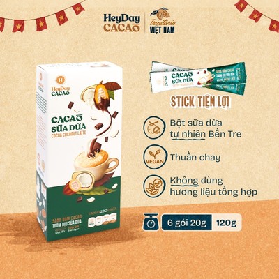 Bột Cacao Sữa Dừa Heyday - Bột cacao sữa dừa tự nhiên, thuần chay - Hộp 6 gói tiện lợi 20g - Tổng 120g