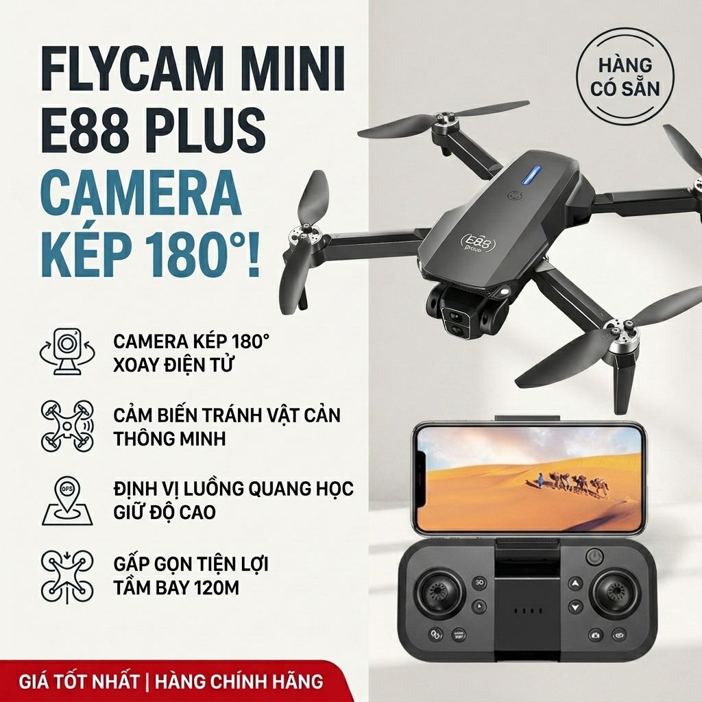 Flycam E88 Plus Động Cơ Không Chổi Than - Camera Kép 4K Xoay 90°, Định Vị Luồng Quang Học