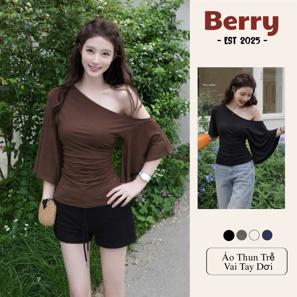 Áo Thun Berry Chất Cotton Zip Trễ Vai Tay Dơi Dáng Trendy ( Tay Dơi Trễ Vai )