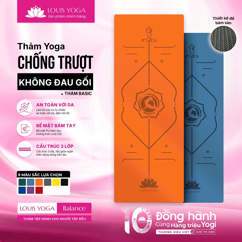 Thảm tập Yoga LOUIS YOGA, thảm tập yoga chống trượt cao cấp mẫu BASIC cao su tự nhiên êm ái