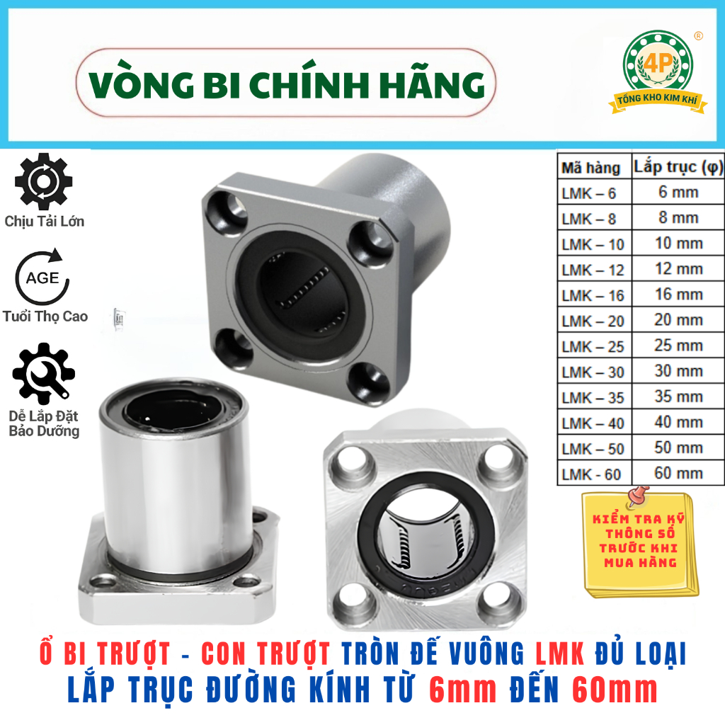 Ổ bi trượt, Con trượt, bi trượt tròn LMK đế vuông LMK6 LMK8 LMK10 LMK12 LMK16 LMK20- Hàng chính hãng