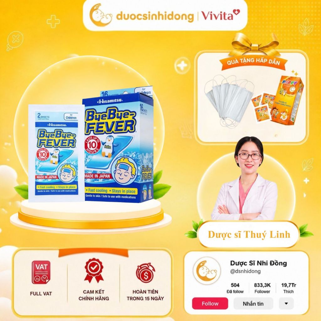 Miếng Dán BYE BYE FEVER HISAMITSU Giảm Sốt Hạ Nhiệt Nhanh Cho Trẻ Em Trên 2 Tuổi 8 Gói x 2 Miếng