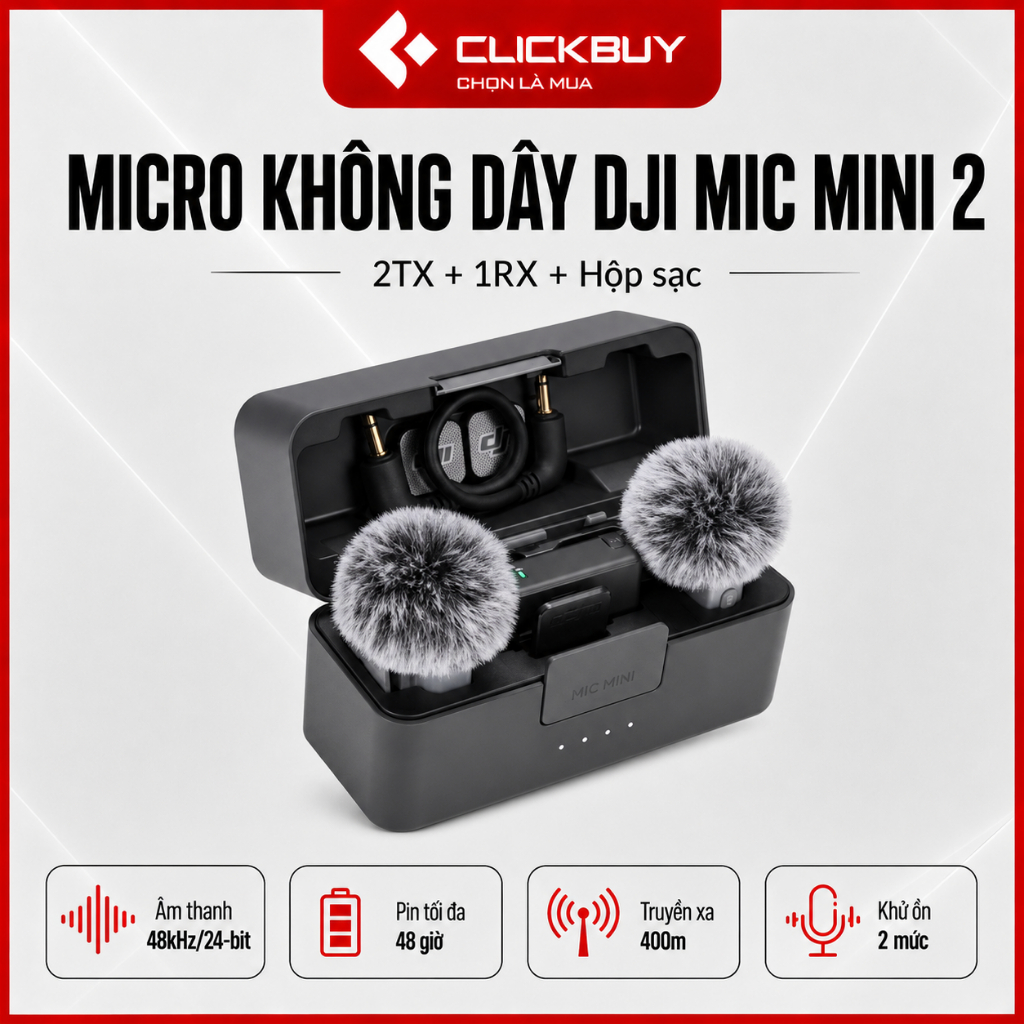 Micro không dây DJI Mic Mini 2 2TX + 1RX và Hộp sạc âm thanh 48kHz/24-bit Chính hãng