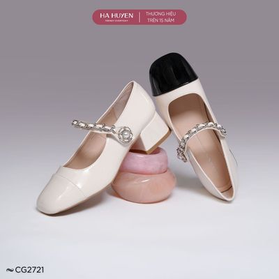 Giày cao gót nữ HÀ HUYỀN bóng mũi captoe quai ngang xích bạc gót vuông 3cm - CG2721