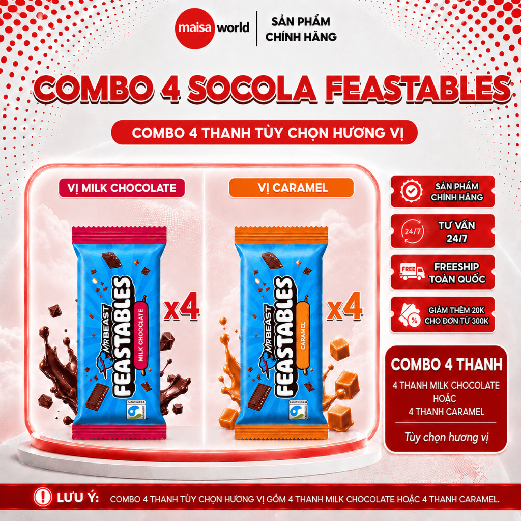 [Chính Hãng] Combo 4 Thanh Kẹo Socola Feastables MrBeast Phiên Bản Mới Đầy Đủ Vị Thanh 60g