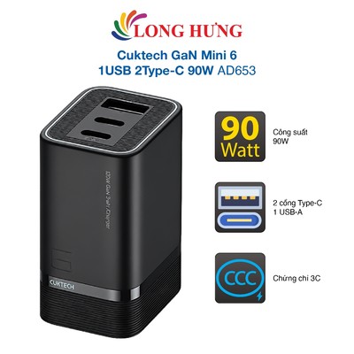 Cốc sạc Cuktech GaN Mini 6 1USB 2Type-C 90W AD653 - Hàng chính hãng