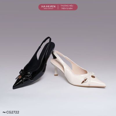 Giày cao gót quai hậu Slingback nữ HÀ HUYỀN da bóng mũi nhọn đính nơ gót nhọn 6,5cm - CG2722