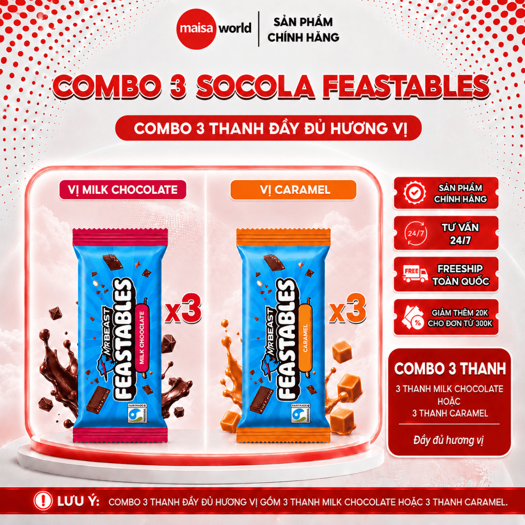 [Chính Hãng] Combo 3 Thanh Kẹo Socola Feastables MrBeast Phiên Bản Mới Đầy Đủ Vị 60g
