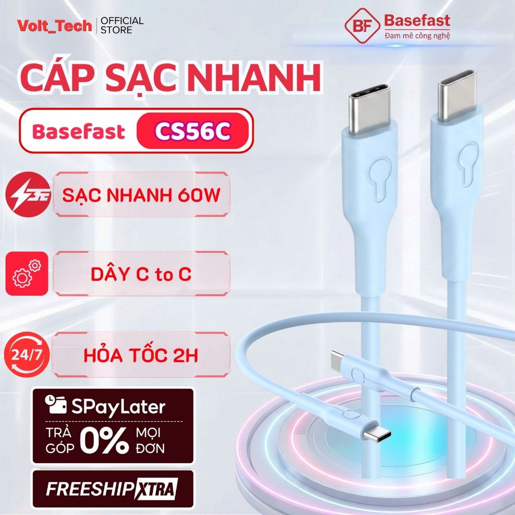 Dây sạc nhanh Type C 60W Basefast cáp silicone 1m C to C dùng cho Phone 15 16 17 samsung xiaomi