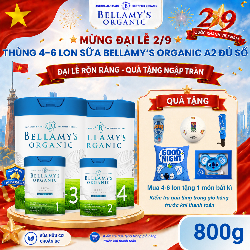 Thùng 4,6 lon sữa Bellamy's organic  A2 800g - Hỗ trợ tăng cân, Phát triển cho bé - BELLAMY'S ORGANI