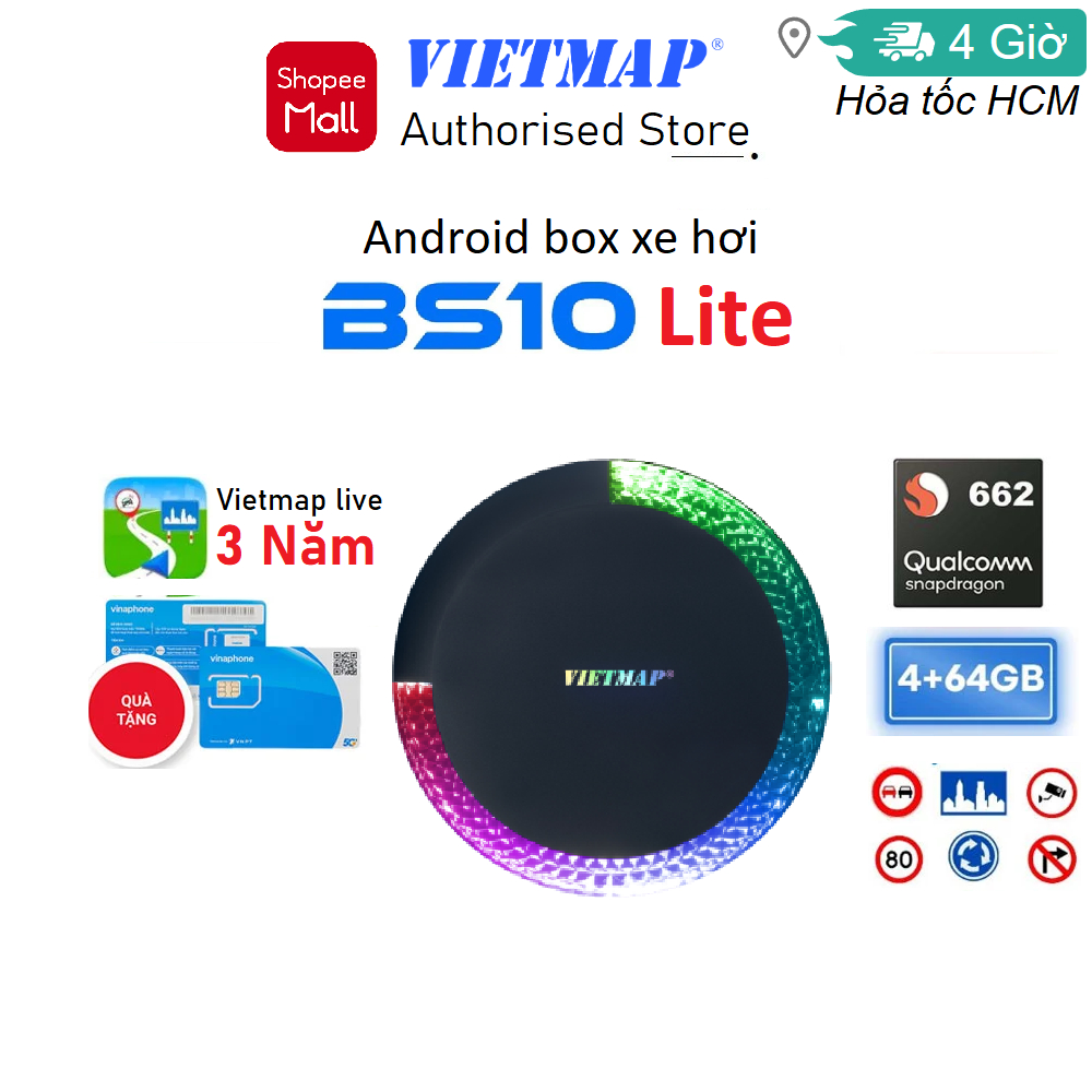 Android box xe hơi Vietmap BS10 Lite Kèm Sim 4G, Dẫn đường Vietmap Live, AppleCarplay & AndroidAuto
