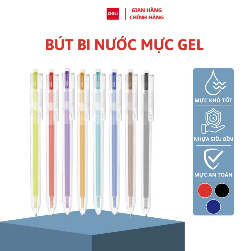 2 cái Bút bi nước mực gel bấm EG118 INDELIGHT nhiều màu 0.5mm Deli nhanh khô viết đều nhiều mực