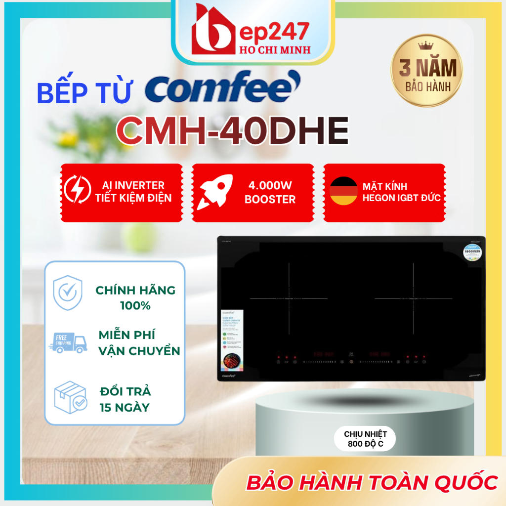 Bếp Từ Đôi Comfee CIH-40DHE 4000W | AI Inverter Tiết Kiệm Điện | Kính Hegon | Booster 2200W | IGBT I