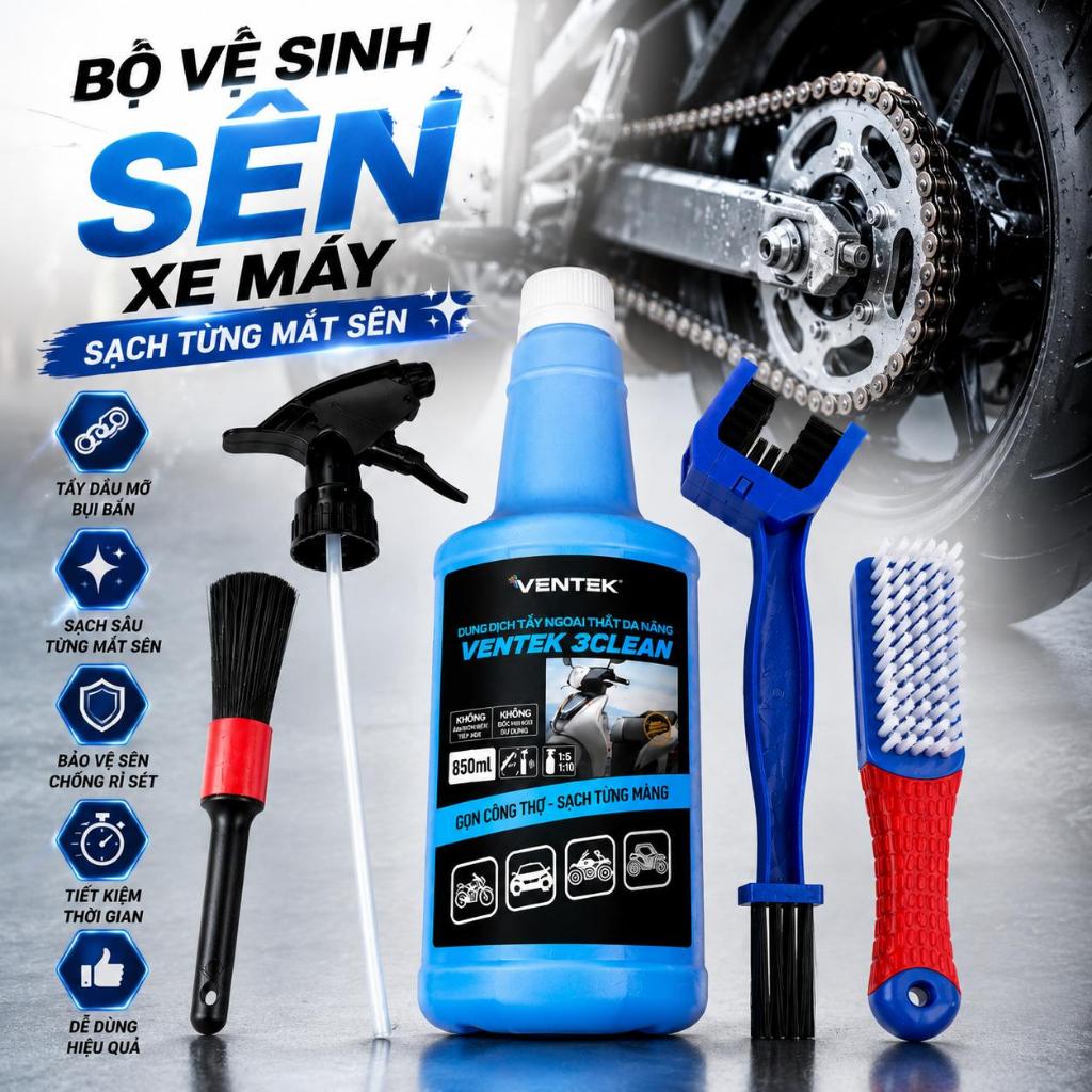Bộ vệ sinh sên xe máy Thần Thánh VENTEK 3CLEAN 850ml – Tẩy dầu mỡ nhông sên dĩa, kèm bộ cọ chuyên dụ