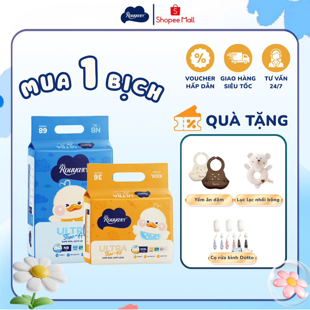 [Kèm quà] Tã Bỉm Quần/Dán Rouya Ultra mềm mại, thoáng khí, thấm hút đủ size NB/S/M/L/XL/XXL/3XL