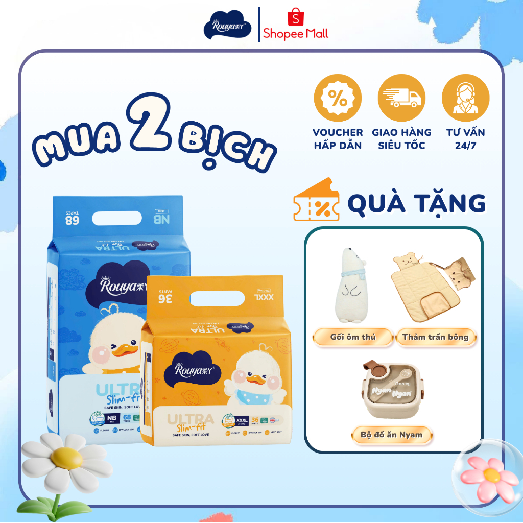 [Kèm quà] Combo 2 Bỉm Quần/Dán Rouya Ultra mềm mại, thoáng khí, thấm hút đủ size NB/S/M/L/XL/XXL/3XL