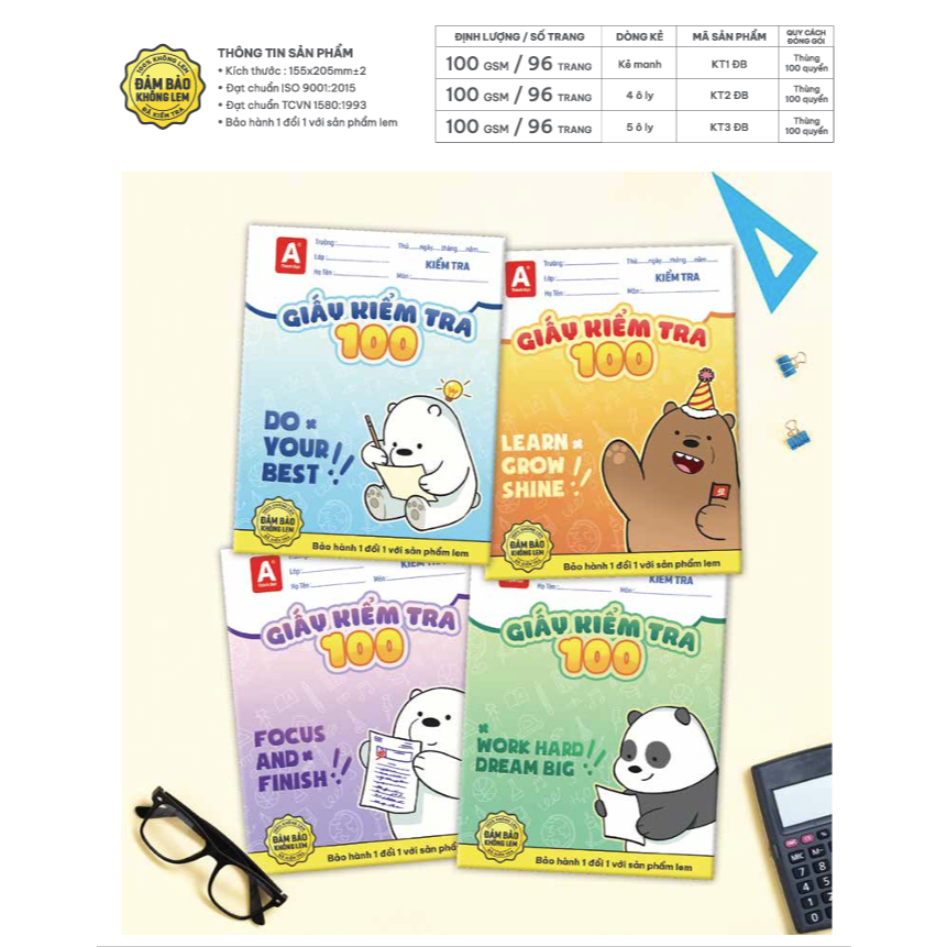 Combo 2 Tập kiểm tra Thành Đạt ĐL100gsm 96 trang 4 ô li / 5 ô li