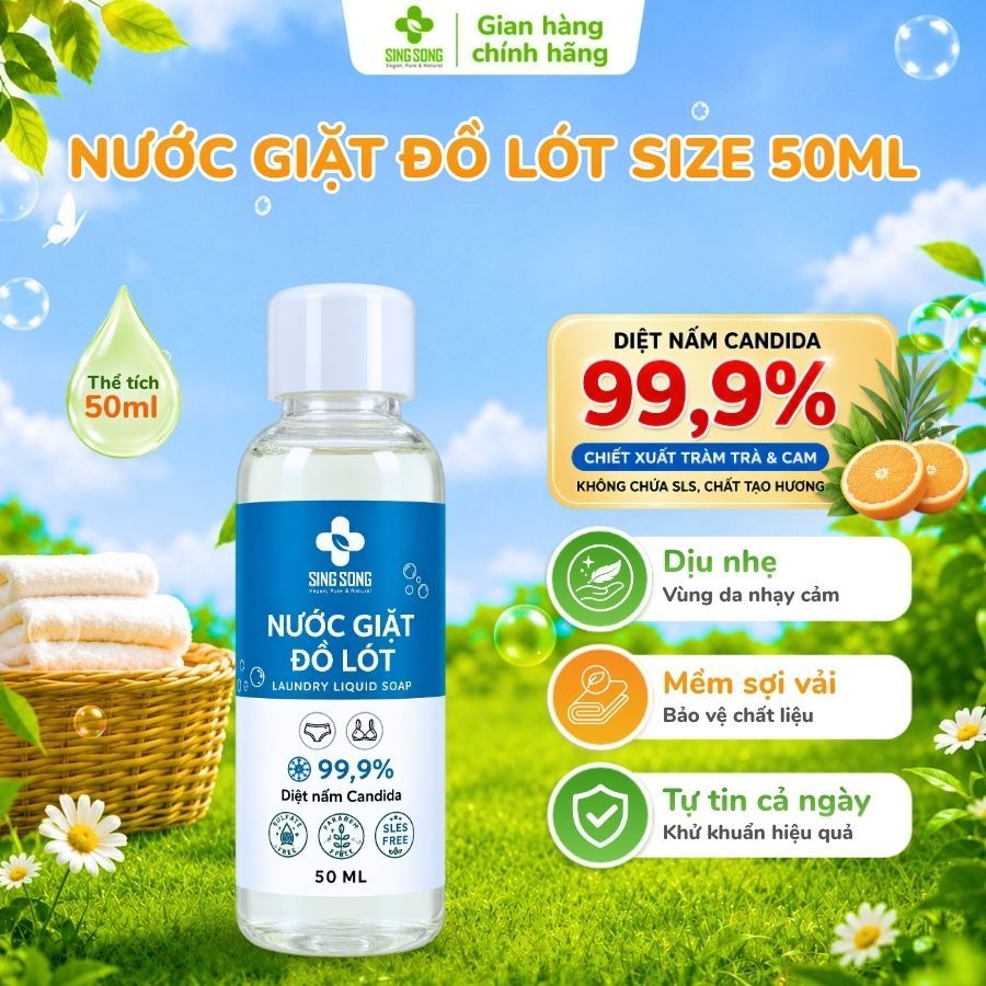 Nước Giặt Đồ Lót, Đồ Lụa SingSong. Diệt 99,9% Nấm Candida, Nấm Mốc, giặt tay, an toàn cho da - 50ml