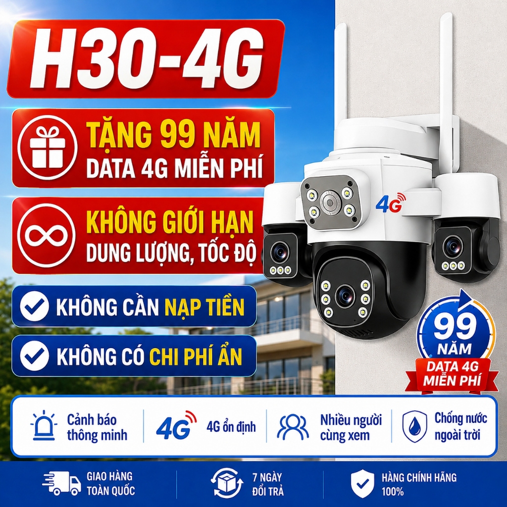 【Tặng data 4G miễn phí 99 năm】Camera ngoài trời 3 mắt, không cần WiFi, kết nối 4G tiện lợi