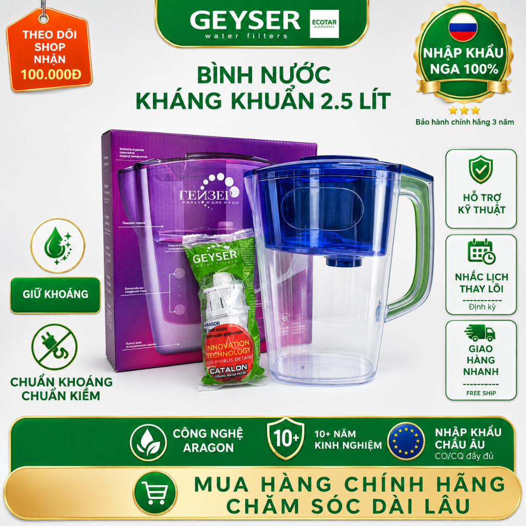 Bình Nước Kháng Khuẩn Geyser  Mini 2,5L - Hàng Chính Hãng Geyser Việt Nam