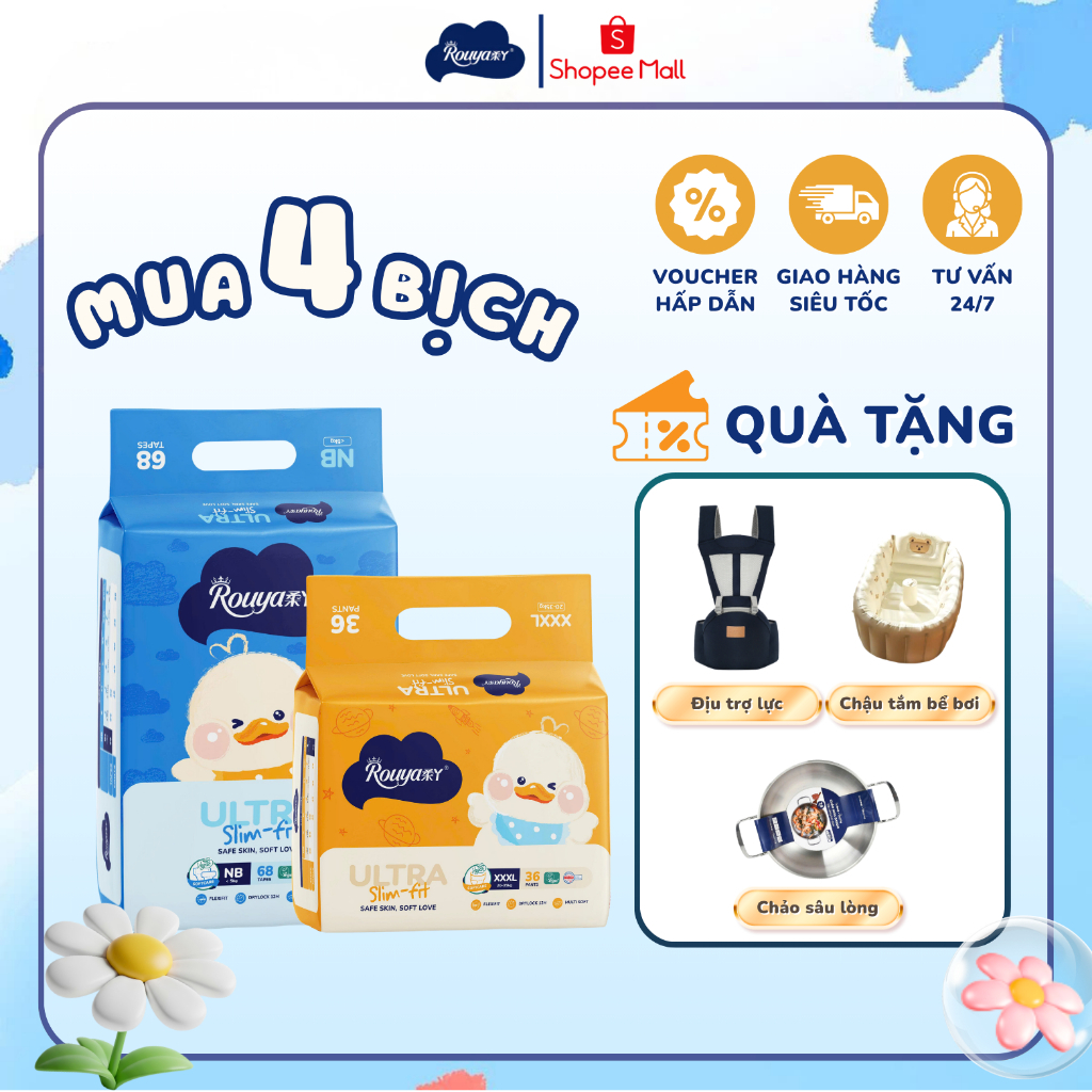 [Kèm quà] Combo 4 Bỉm Quần/Dán Rouya Ultra mềm mại, thoáng khí, thấm hút đủ size NB/S/M/L/XL/XXL/3XL