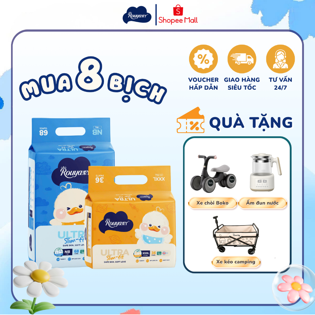 [Kèm quà] Combo 8 Bỉm Quần/Dán Rouya Ultra mềm mại, thoáng khí, thấm hút đủ size NB/S/M/L/XL/XXL/3XL