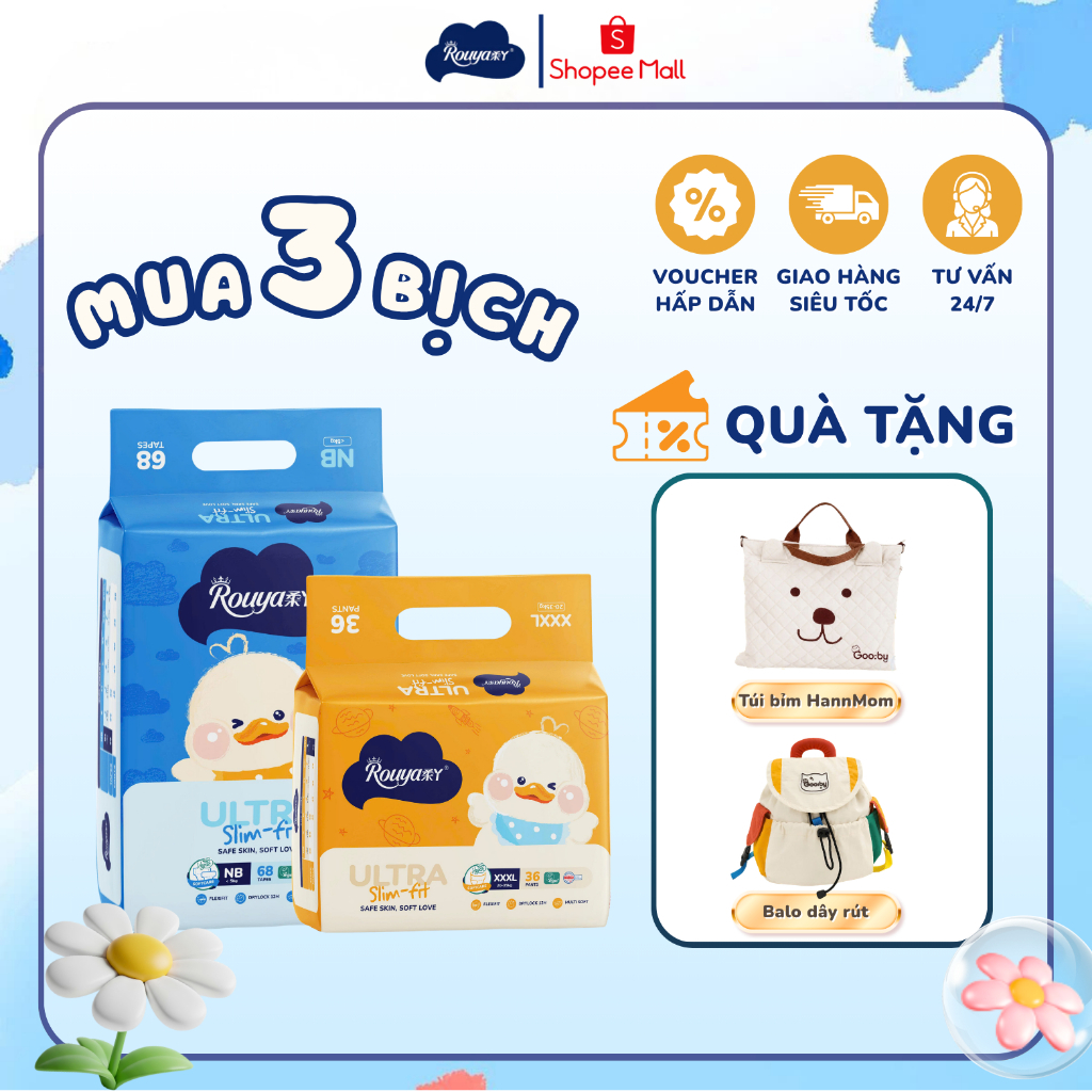 [Kèm quà] Combo 3 Bỉm Quần/Dán Rouya Ultra mềm mại, thoáng khí, thấm hút đủ size NB/S/M/L/XL/XXL/3XL
