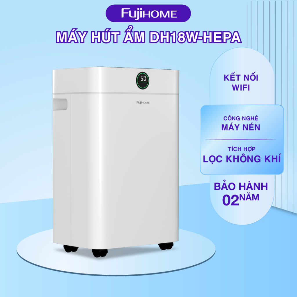 Máy hút ẩm block 18 lít Fujihome DH18W‑HEPA Công suất 18L/ngày, kết nối wifi, lọc bụi mịn, BH 2 năm