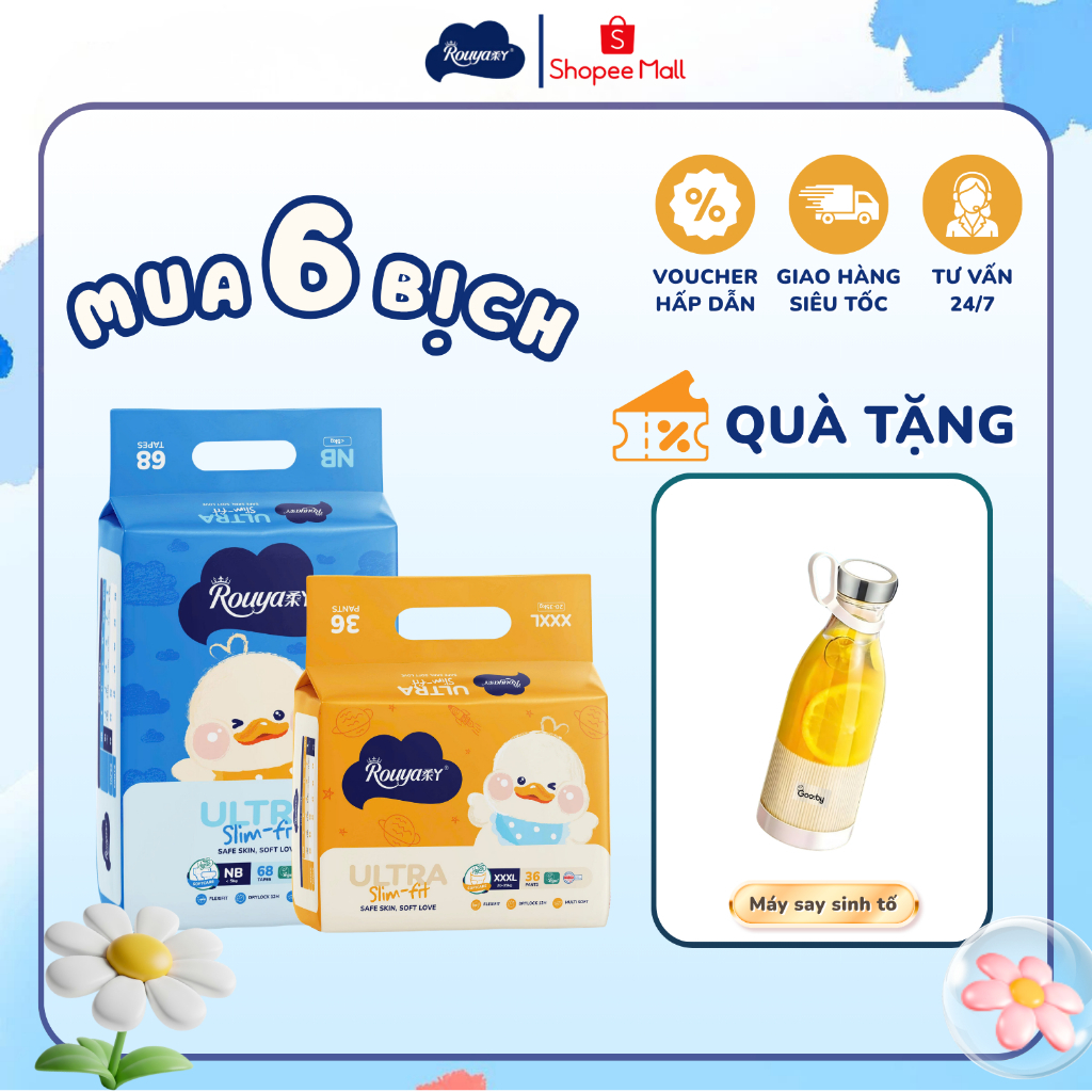 [Kèm quà] Combo 6 Bỉm Quần/Dán Rouya Ultra mềm mại, thoáng khí, thấm hút đủ size NB/S/M/L/XL/XXL/3XL