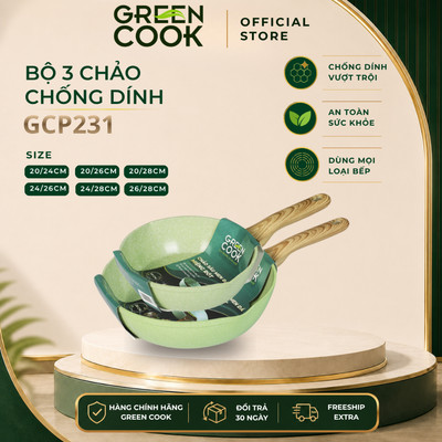 Combo 2 chảo sâu men đá ceramic chống dính PFOA free miệng rót Green Cook với 10 lớp chống dính