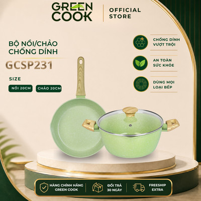 Combo nồi và chảo 231-20cm men đá chống dính PFOA free miệng rót Green Cook
