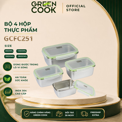 Combo 4 Hộp Lưu Trữ Thực Phẩm Inox 304 Green Cook GCFC251 - Dùng Được Trong Lò Vi Sóng
