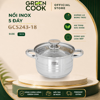 Nồi Inox 5 đáy cao cấp PFOA free 18 cm Green Cook GCS243-18IH