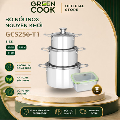 Bộ 3 Nồi Inox Nguyên Khối Green Cook GCS256-T1 (16cm – 20cm – 24cm) New