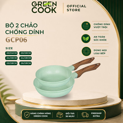 Bộ 2 chảo đúc đáy từ chống dính PFOA free men đá ceramic xanh ngọc Green Cook GCP06