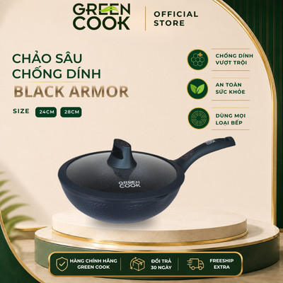 Chảo Đúc Nguyên Khối Black Amor Có Nắp Green Cook GCP2513