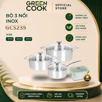 Bộ 3 nồi Inox 304 cao cấp 3 lớp Premium đáy liền nguyên khối PFOA free Green Cook GCS235-162024