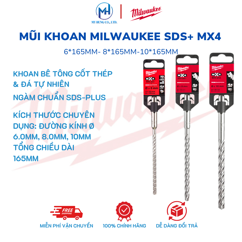 Mũi Khoan Bê Tông Milwaukee SDS+ MX4 6x165mm / 8x165mm / 10x165mm Chính Hãng