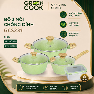 Bộ 3 nồi đúc men đá ceramic 10 lớp chống dính PFOA free, miệng rót Green Cook GCS231-18,20,24cm