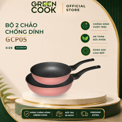 Combo 2 chảo đúc vân đá chống dính PFOA free đáy từ sâu lòng với 7 lớp chống dính Green Cook GC