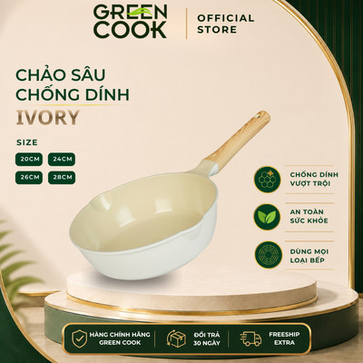 Chảo đúc sâu men gốm IVORY chống tràn dầu đáy từ chống dính Green Cook GCP236