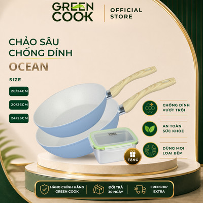 [DEAL SỐC] Combo 2 Chảo Sâu Vân Đá Đáy Từ Ocean Grey 7 Lớp Chống Dính Green Cook