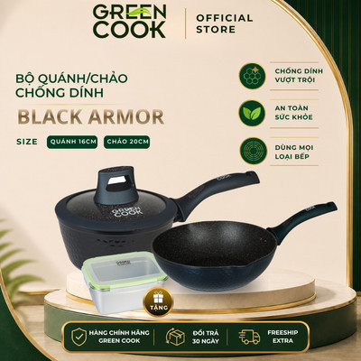 Combo Nồi (16cm) - Chảo (20cm) Chống Dính Black Armo Green Cook GCS2512-16 / GCP2513-20