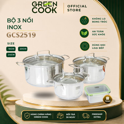 Bộ 3 Nồi Inox 3 Đáy Nắp Kính Green Cook GCS2519-T1 (Size 16-20-24cm)