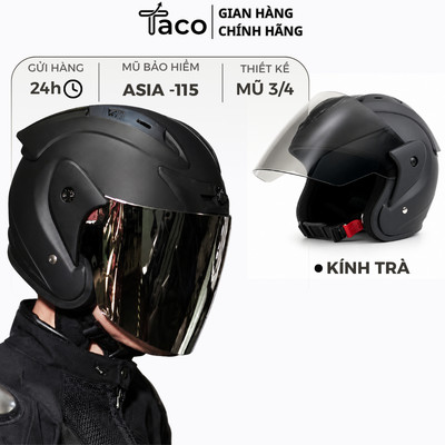 Mũ Bảo Hiểm 3/4 TACO Asia M115 Kính Bạc Chính Hãng, Bảo Hành 12 Tháng, Phù Hợp Nam Nữ Đi Phượt Xa