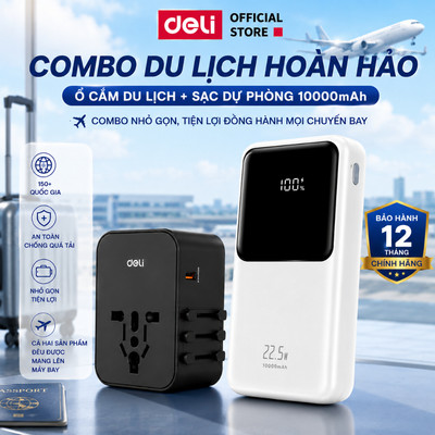 COMBO Ổ Cắm Du Lịch DELI + Sạc Dự Phòng 10000mAh Sạc Nhanh 22.5W Chân Cắm Mỹ Úc Anh Châu Âu Dùng Cho Đa Quốc Gia