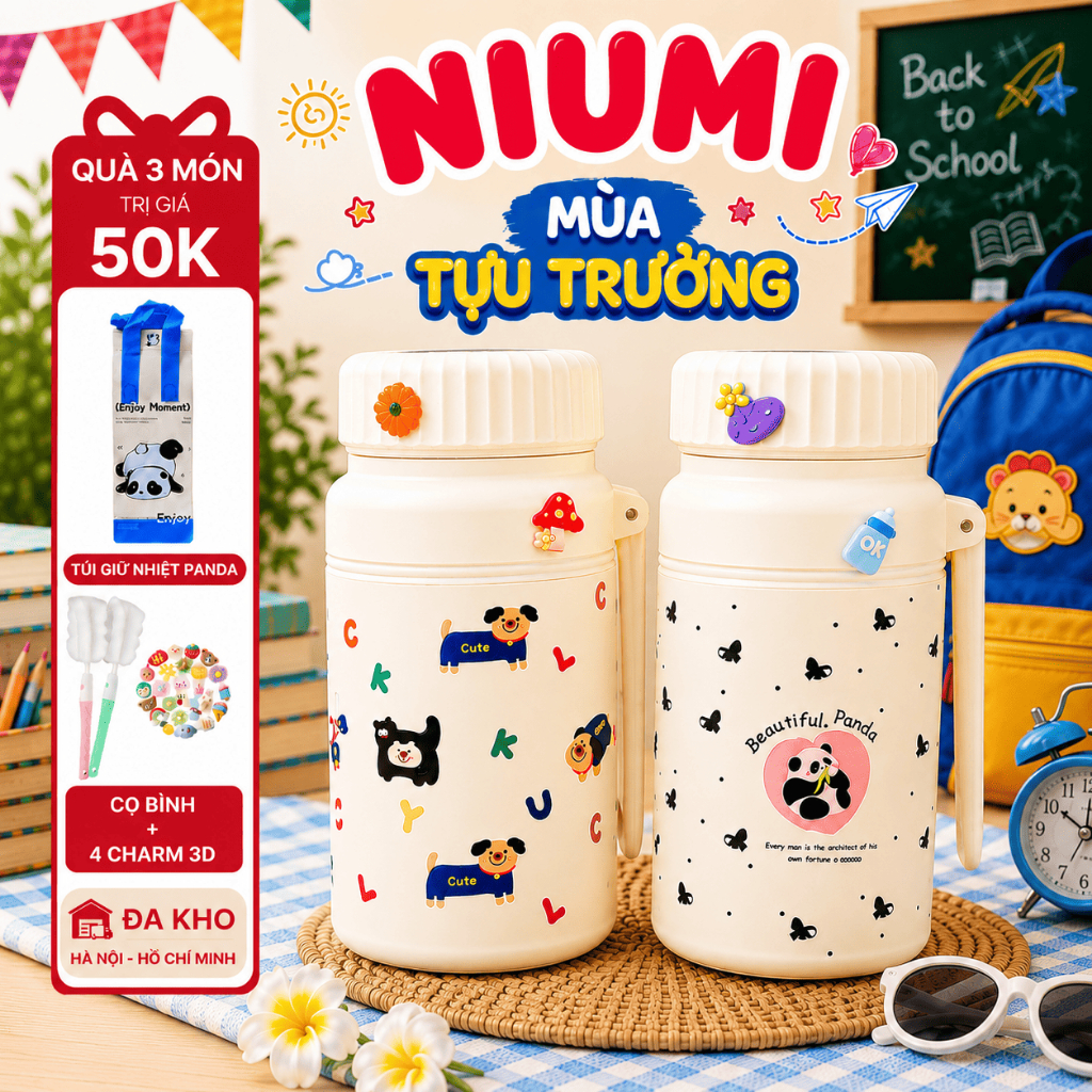 Bình giữ nhiệt NIUMI hoạ tiết dễ thương Fashion Cup 1000ml, inox 316 có lưới lọc trà tiện lợi
